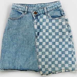 Asymmetrical LazyOaf.Com 100% Cotton Half-Checkered Blue Denim Mini Skirt